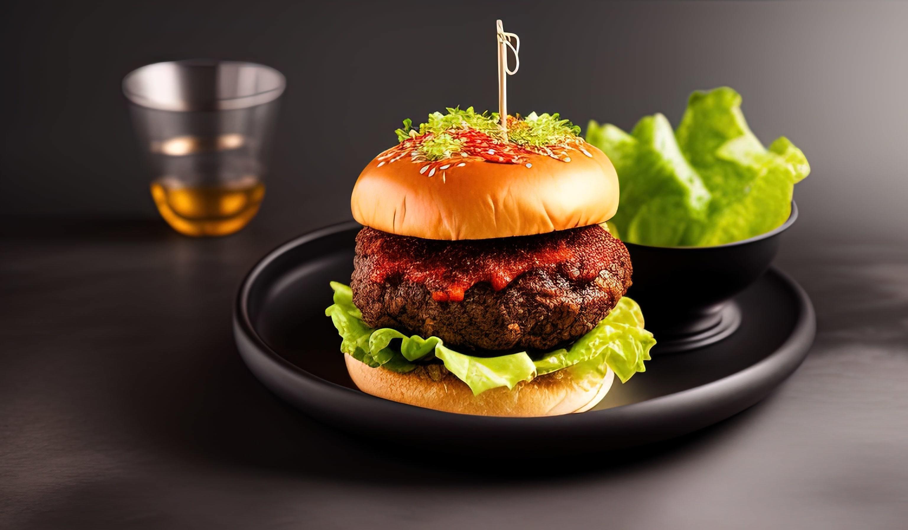 professional food photography close up of a a hamburger with lettuce and tomato on a black backgroun Stock Free