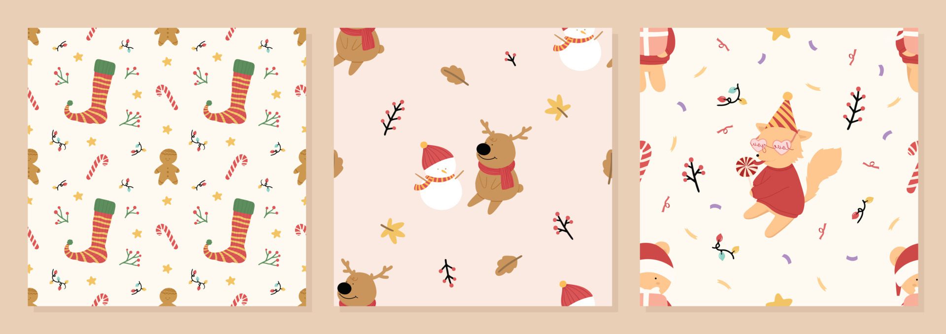 Set of Organic hand drawn christmas seamless pattern vector illustration Free Vector