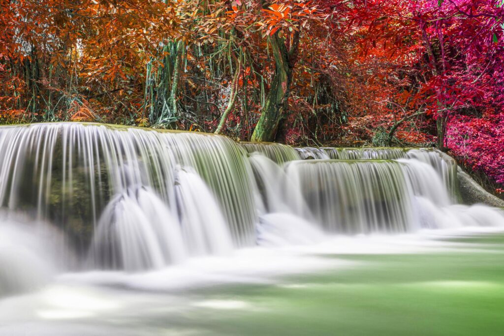 Beautiful waterfall nature scenery of colorful deep forest in summer day Stock Free