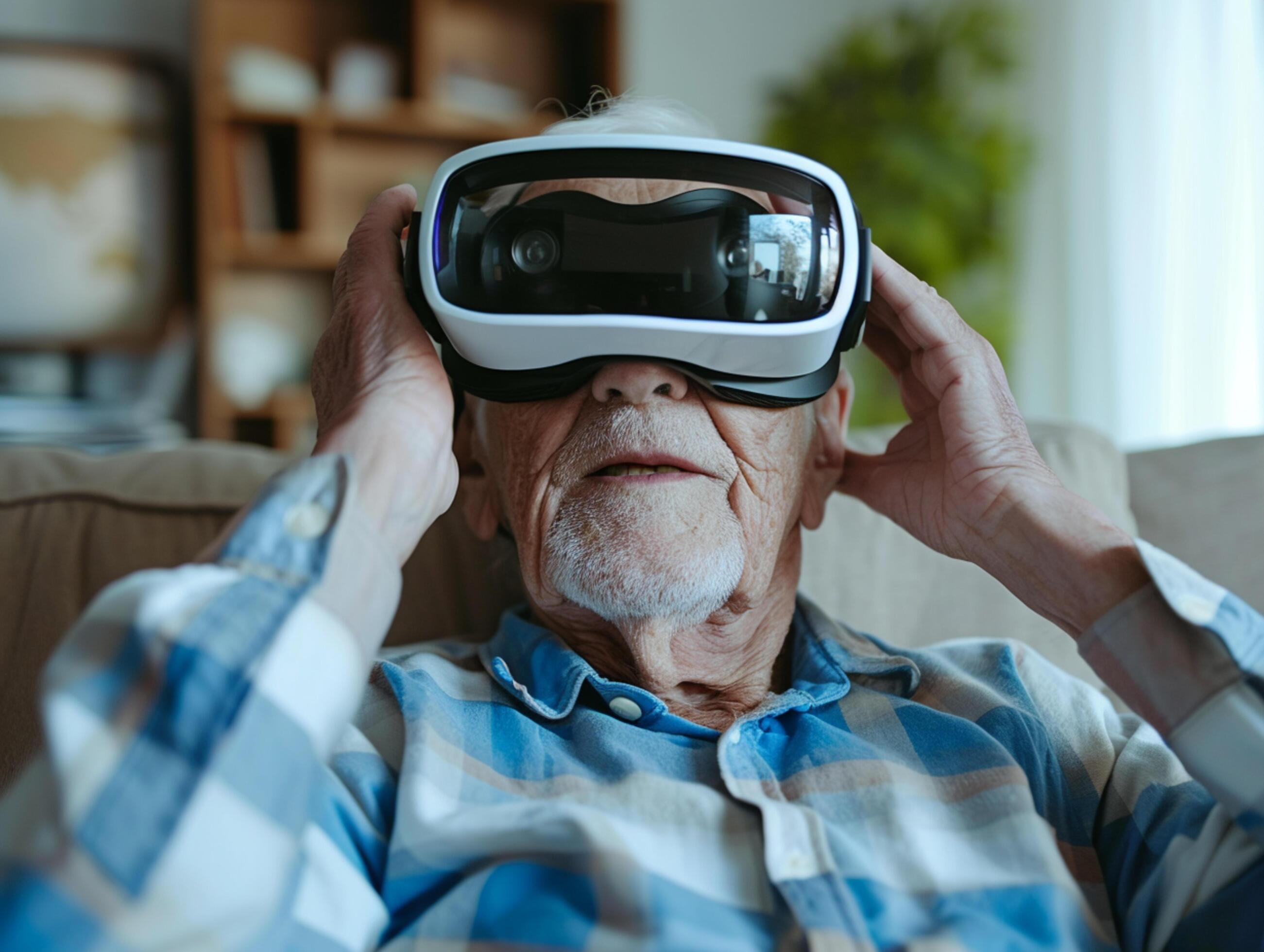 AI generated online education Senior Man wearing VR Headset with Living Room Background AI Generative Stock Free