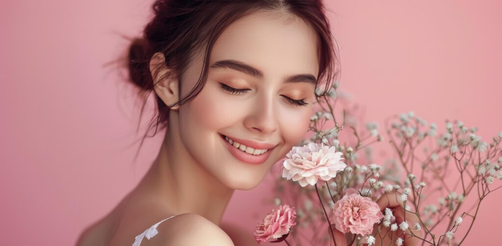 Woman With Pink Flowers Smiling Against a Pink Background Stock Free