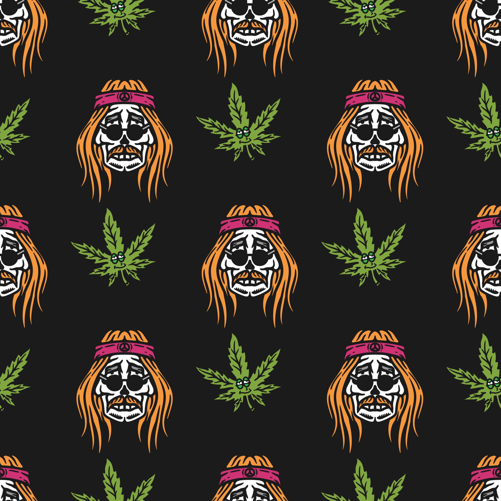 hippie male skull and cannabis leaf character seamless pattern on black background Free Vector