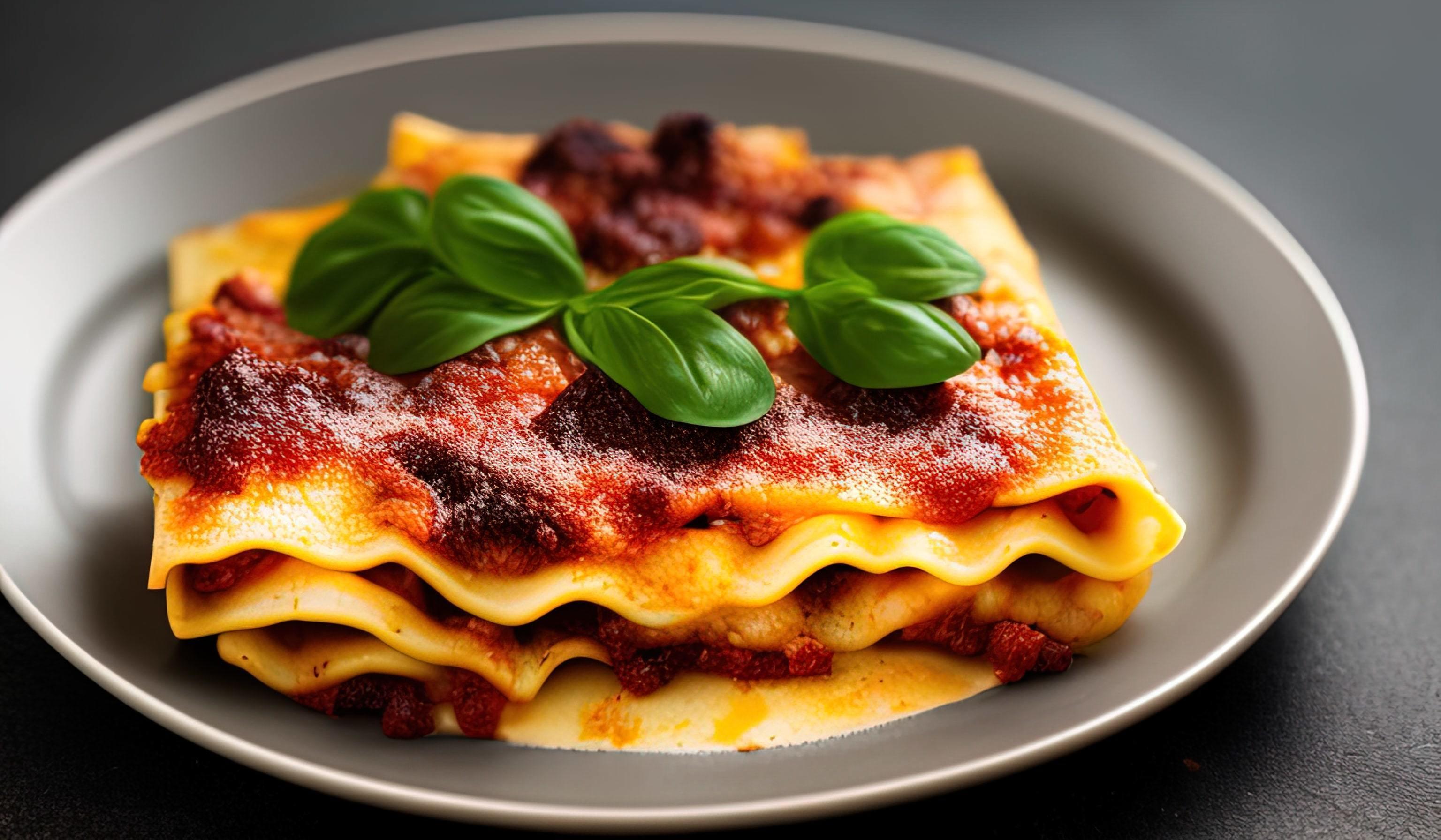 professional food photography close up of a Plate of lasagna on a dark gray background Stock Free