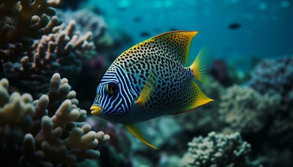 Colorful school of fish swim in natural reef environment below water generated by AI Stock Free