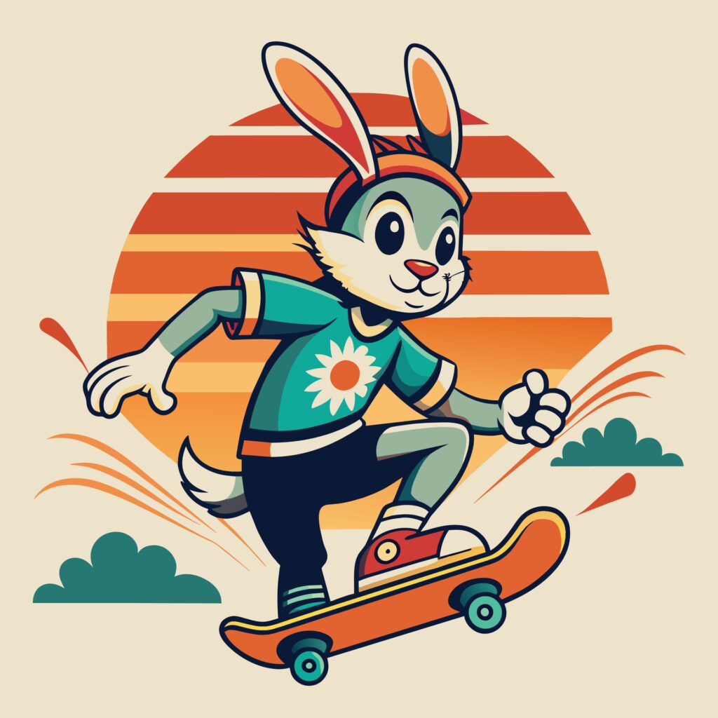 Easter bunny riding a skateboard on a background of the sun Free Vector