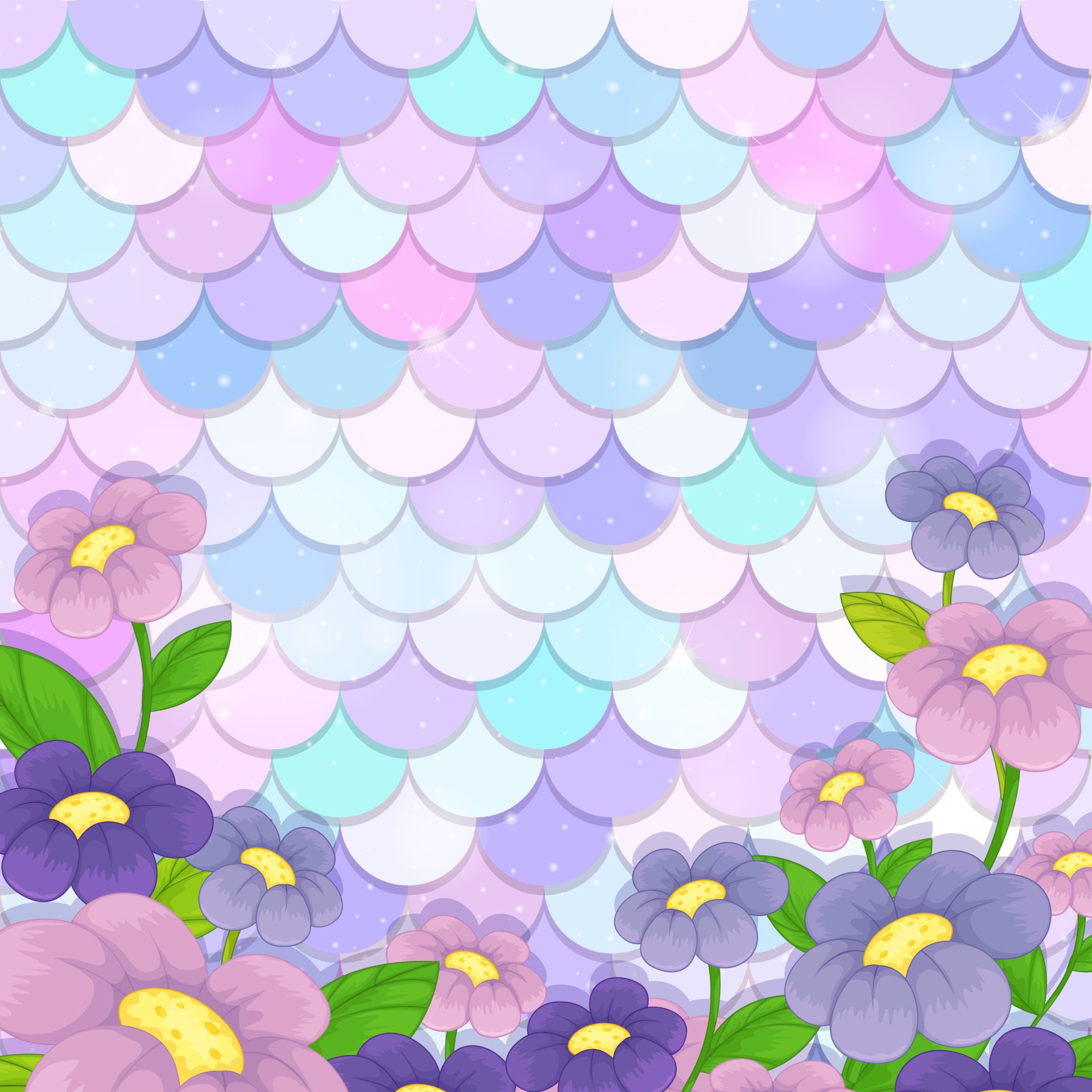 Pastel mermaid scale pattern with many flowers Free Vector