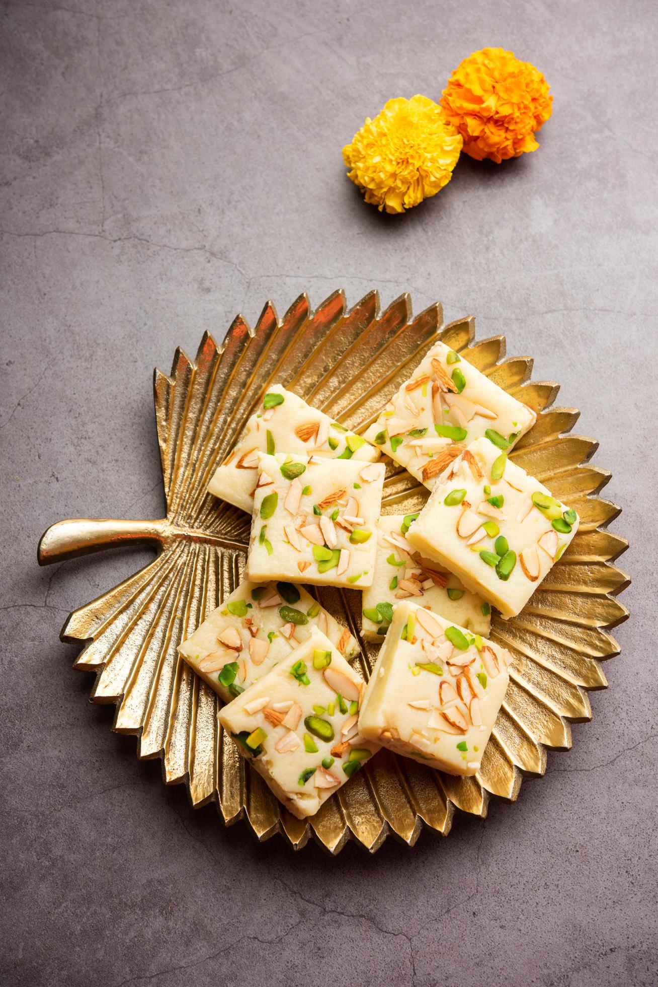 Milk powder barfi also known as Mava burfi, white Khoya burfi or Barfee, Indian Sweet food Stock Free