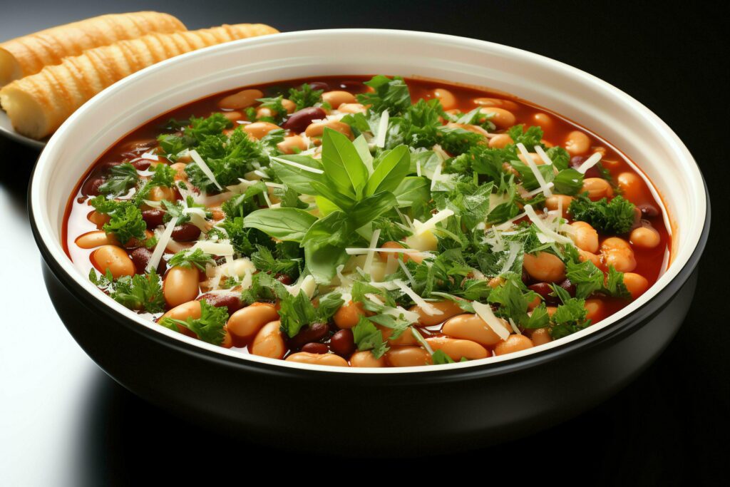 A delicious minestrone soup food in a bowl. Italian food and healthy protein soup meal concept by AI Generated Stock Free