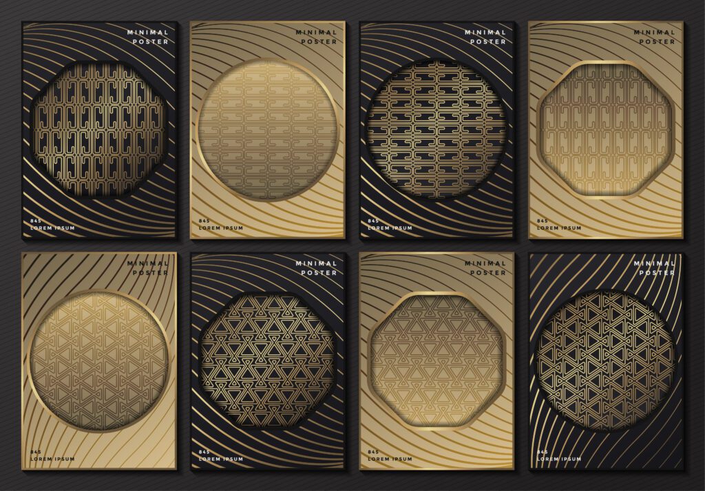 Gray and gold patterned posters with geometric frames Free Vector