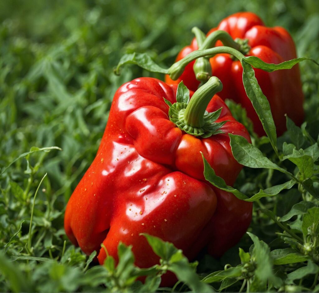 Red pepper on the green grass. Selective focus. Shallow depth of field Free Photo