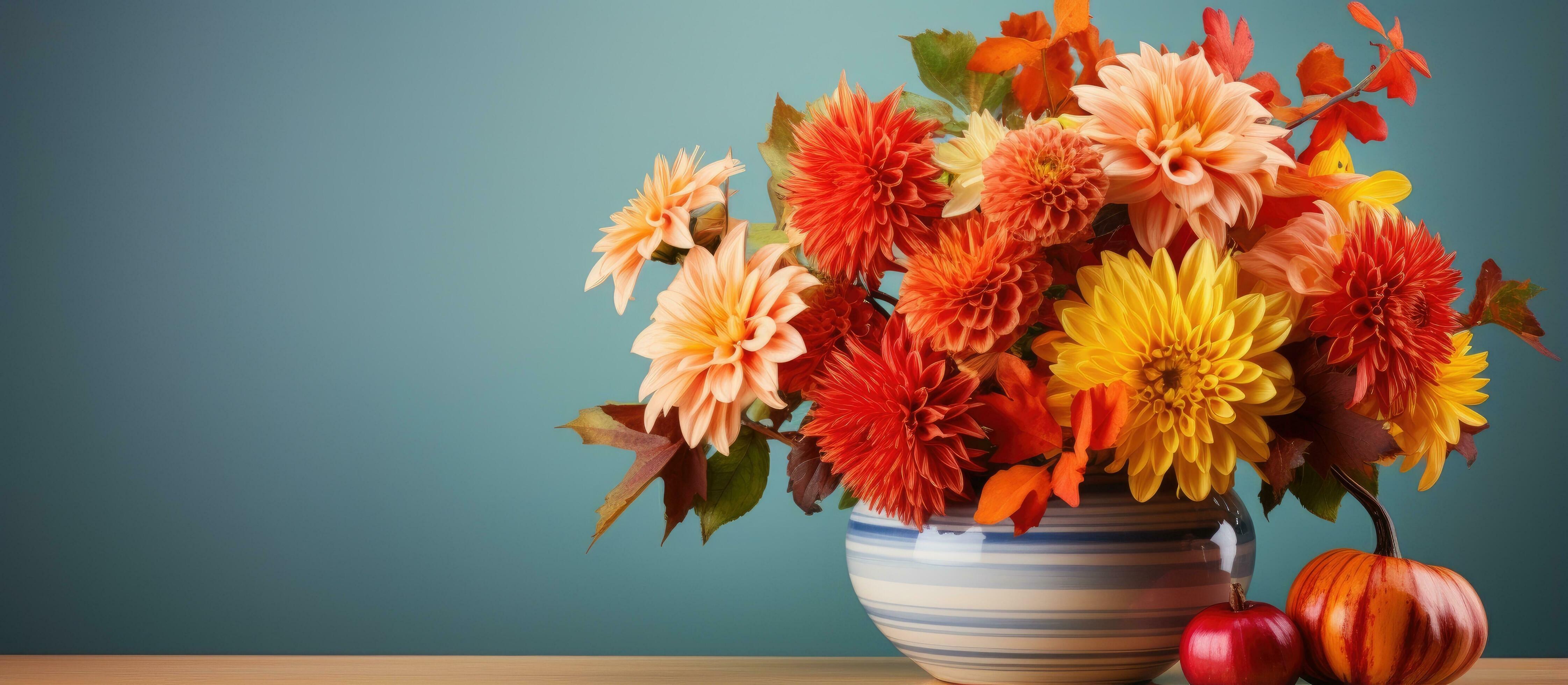 Holiday flowers in a pumpkin vase with vibrant colors bathed in sunlight Stock Free