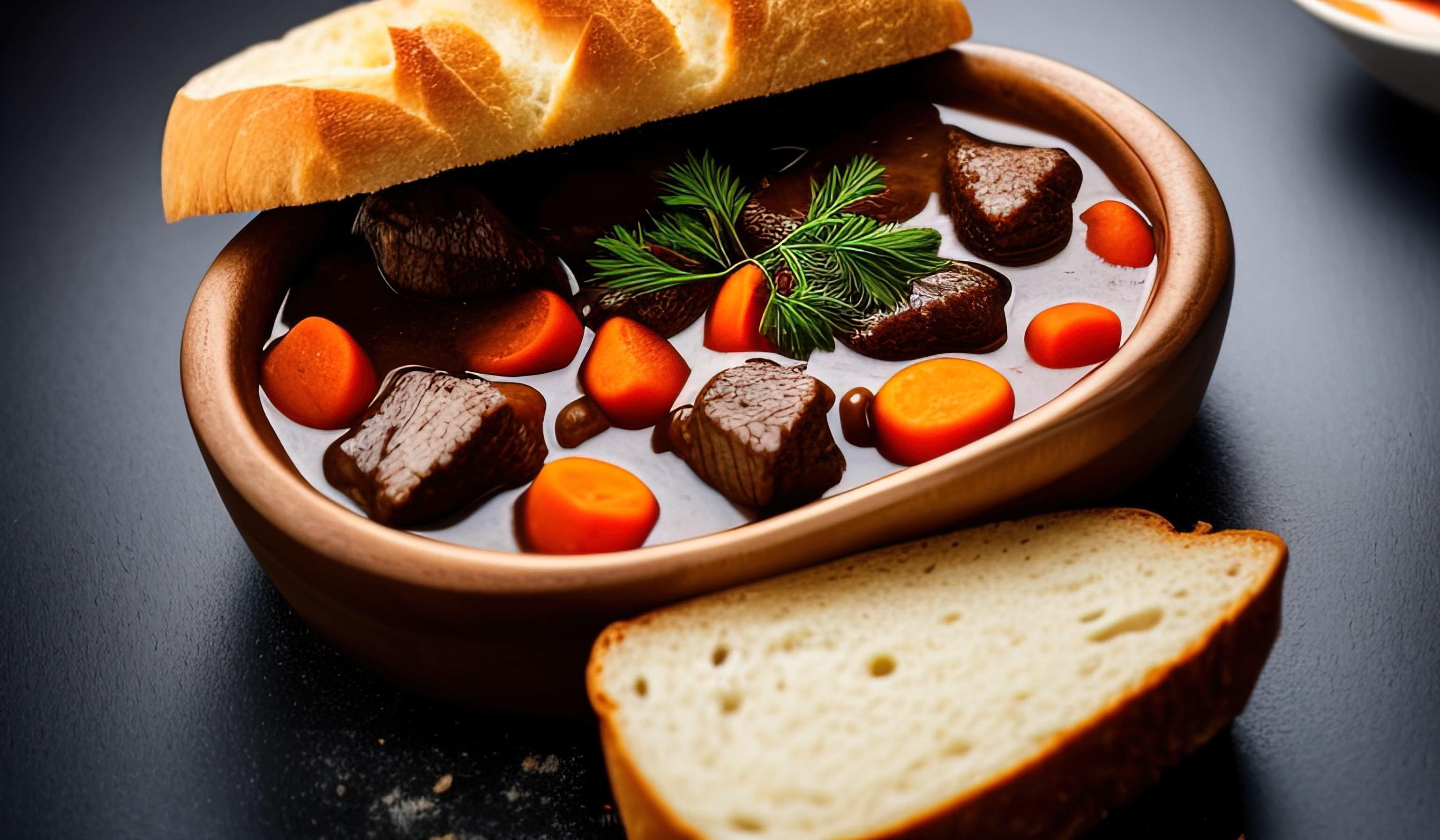 professional food photography close up of a a bowl of beef stew with bread on the side Stock Free