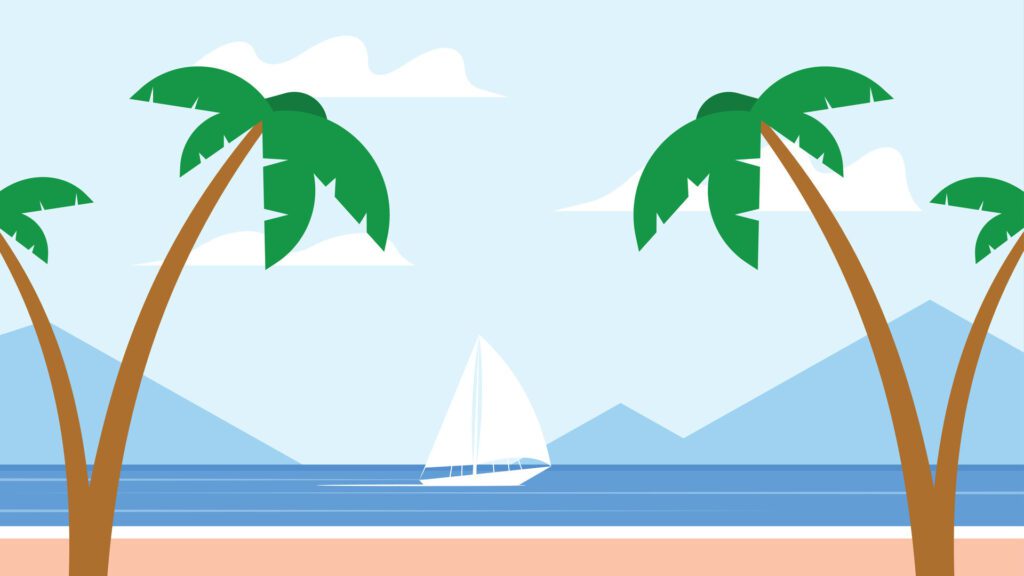 sea shore background with boat and palm trees Free Vector