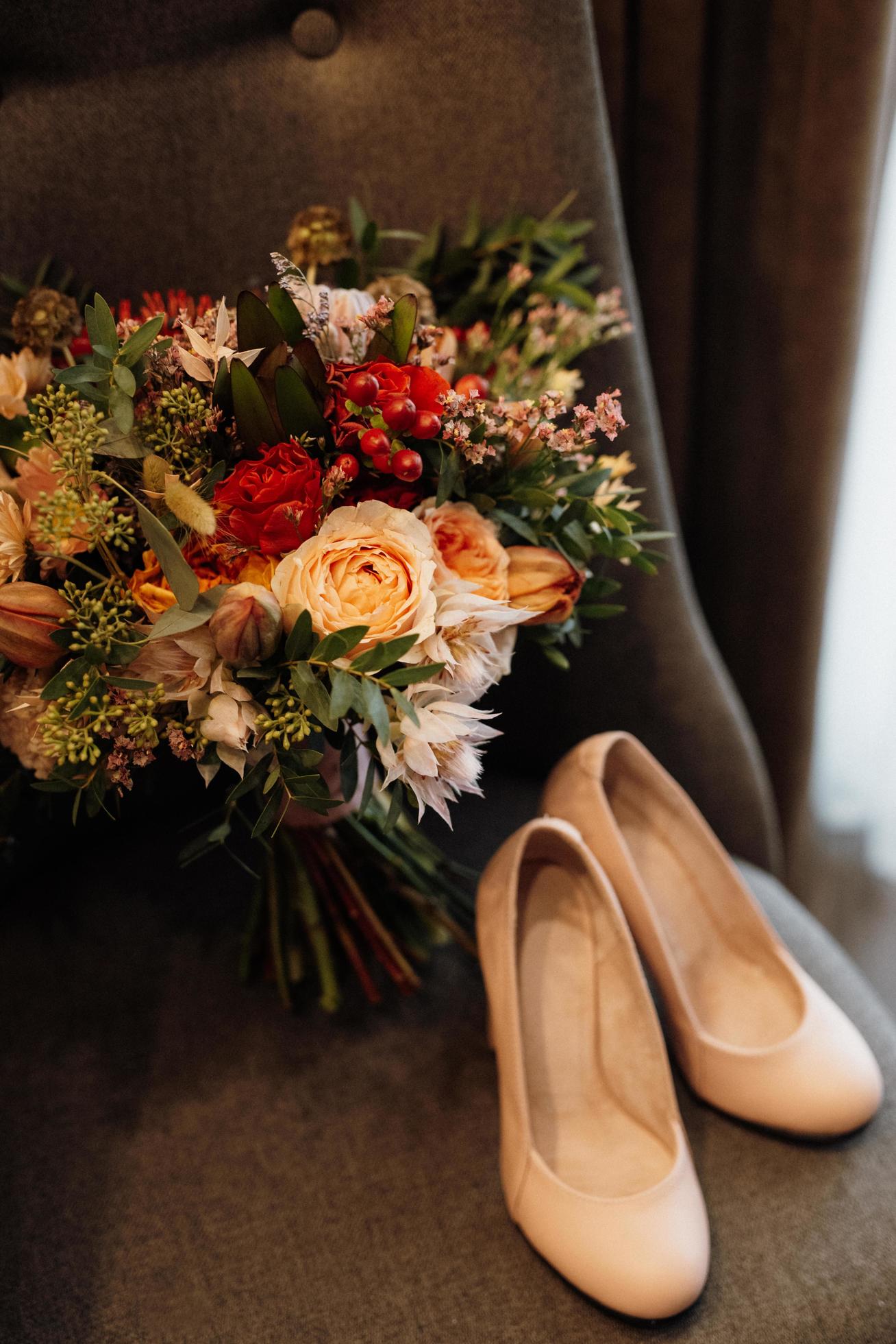 Bridal bouquet in red autumn shades dried flowers Stock Free