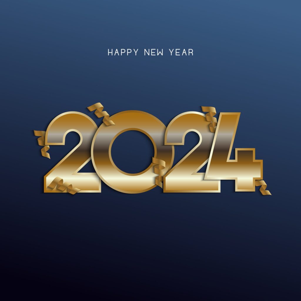 Happy new year with gold ribbon celebration Free Vector