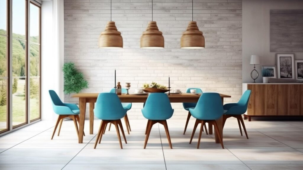 Modern interior of dinning room with blue chairs. Illustration Stock Free