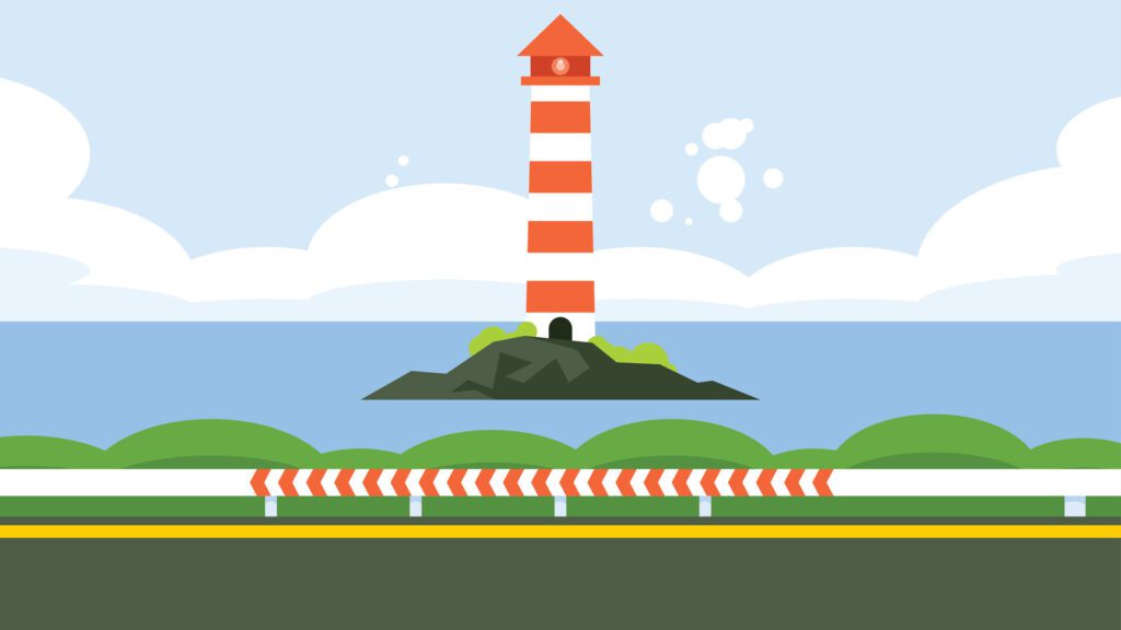 A lighthouse in an island in the day time at sea shore background illustration Free Vector