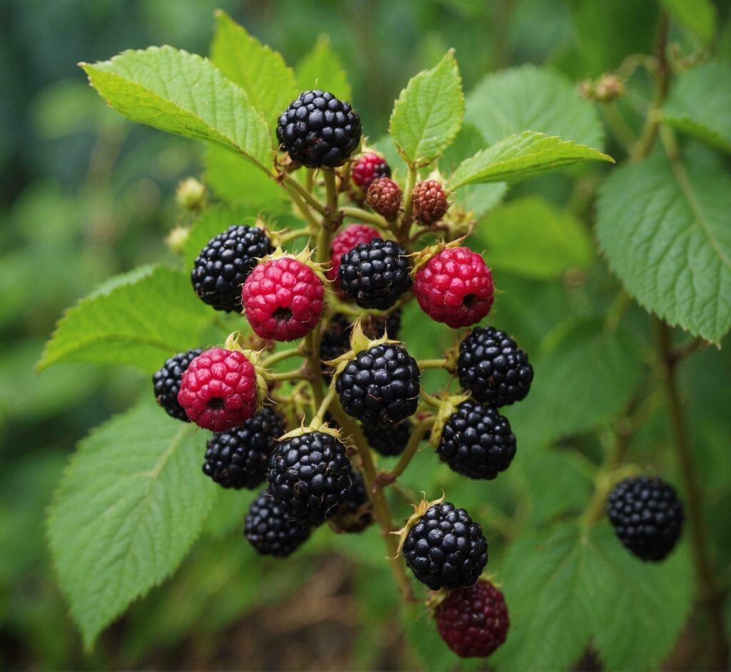 Ripe blackberries on a branch with green leaves in the garden Free Photo