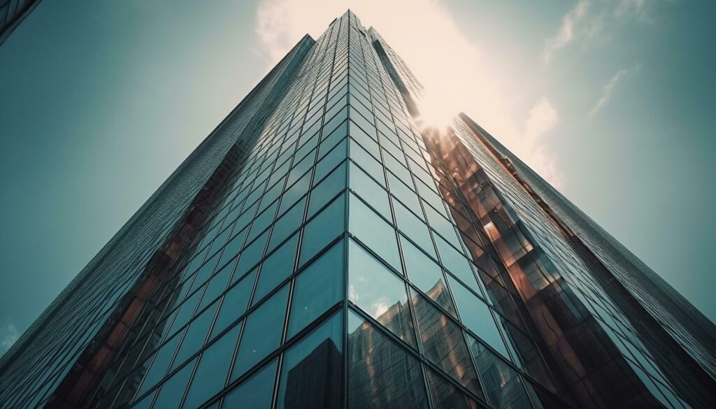 Futuristic skyscraper reflects blue sky and city life generated by AI Stock Free