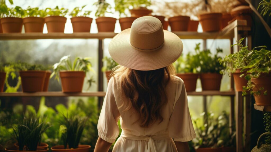 A woman in a hat admiring plants in a greenhouse filled with vibrant flowers. Free Photo