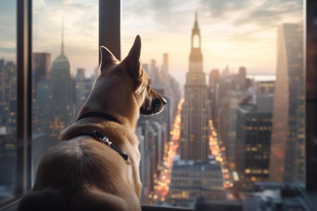 Longing Views A Dog Gazing Out of a High-Rise Window Onto a Bustling Cityscape Stock Free