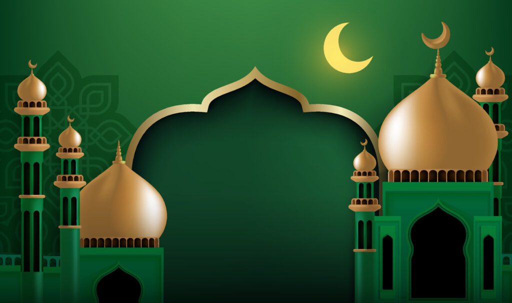 Mosque on a green background with Islamic motifs Free Vector