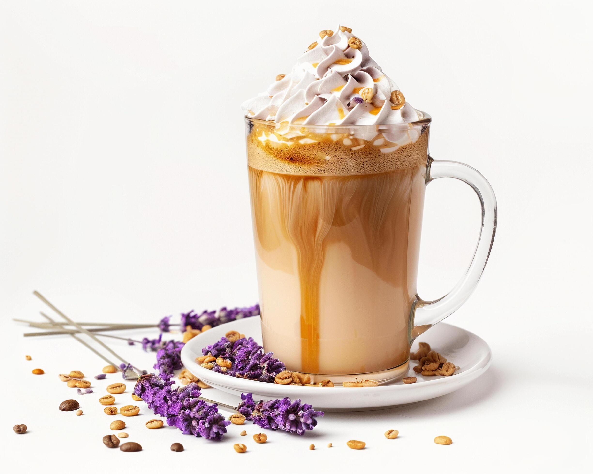 a latte with whipped cream and lavender flowers on a white background Stock Free