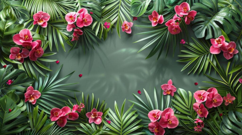 Pink Orchids and Palm Leaves on Pink Background Stock Free