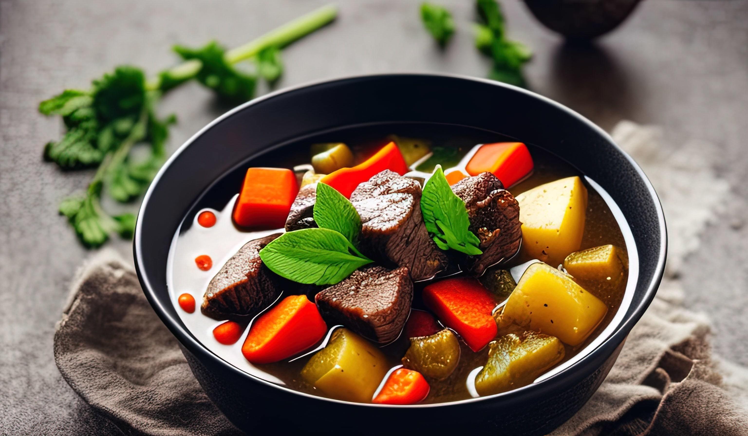 professional food photography close up of a a bowl of beef stew with bread on the side Stock Free