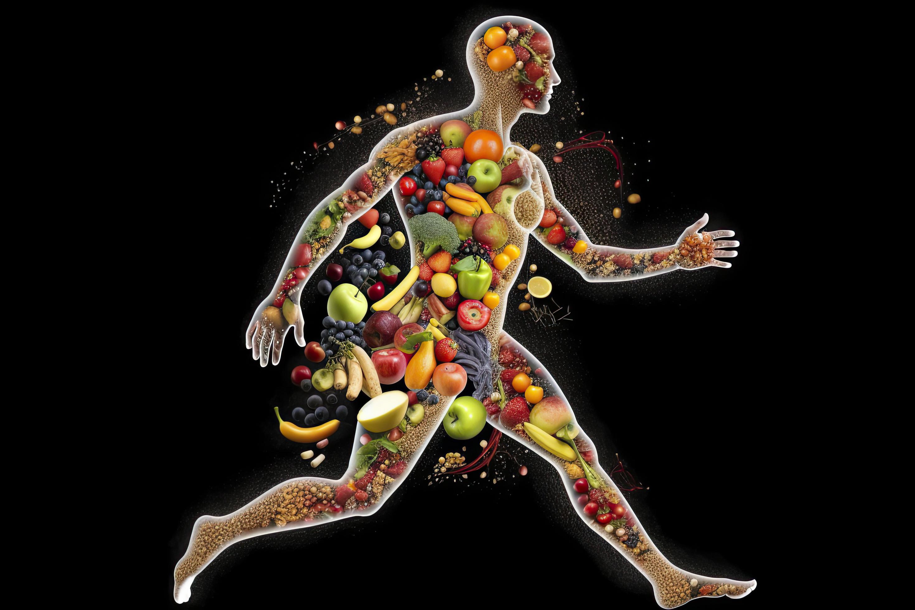 outline of a human with bolts of energy running through the body, the body is surrounded by fruit Stock Free