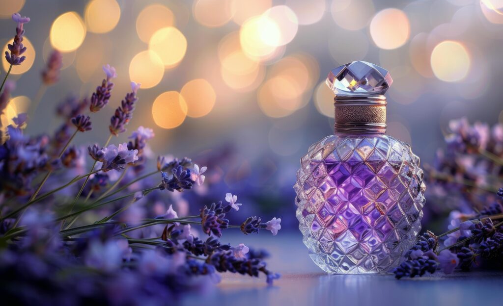 A Bottle of Lavender Perfume on a White Surface With a Bokeh Background Stock Free