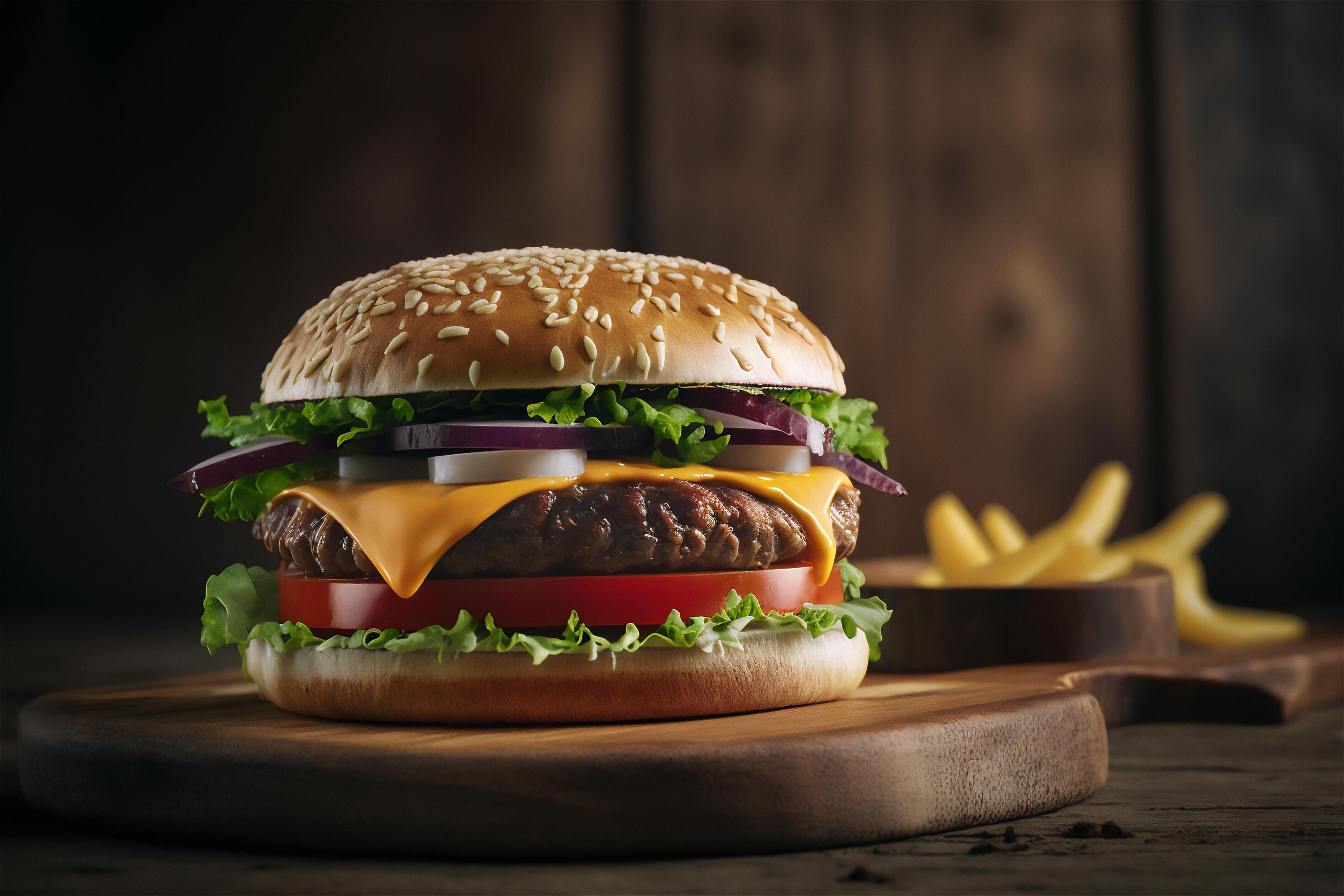 Tasty homemade hamburger on rustic wooden table. Copy space. Advertising. . Fast food snack Stock Free