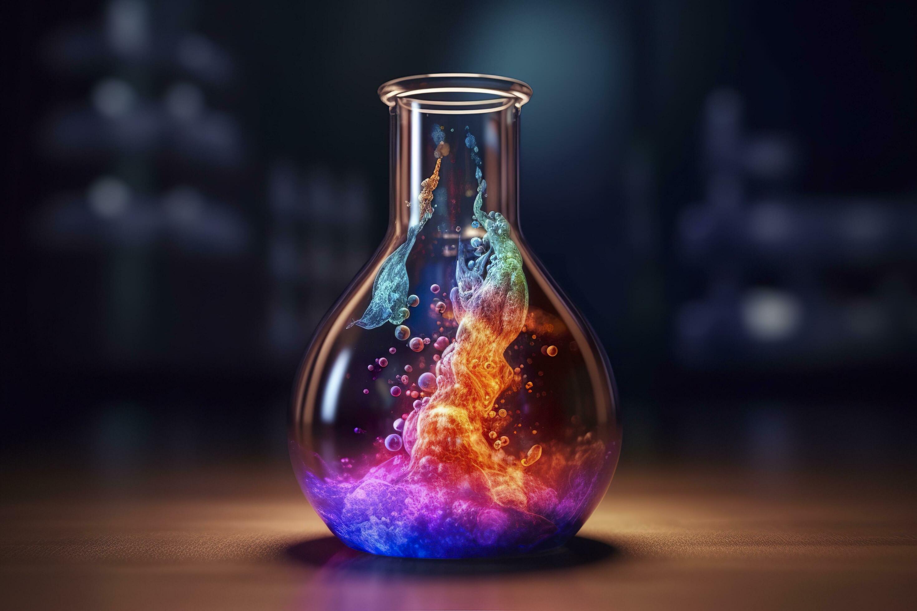 Close Up of a Science Beaker Filled with Multi Colored Liquids. AI Generative Stock Free