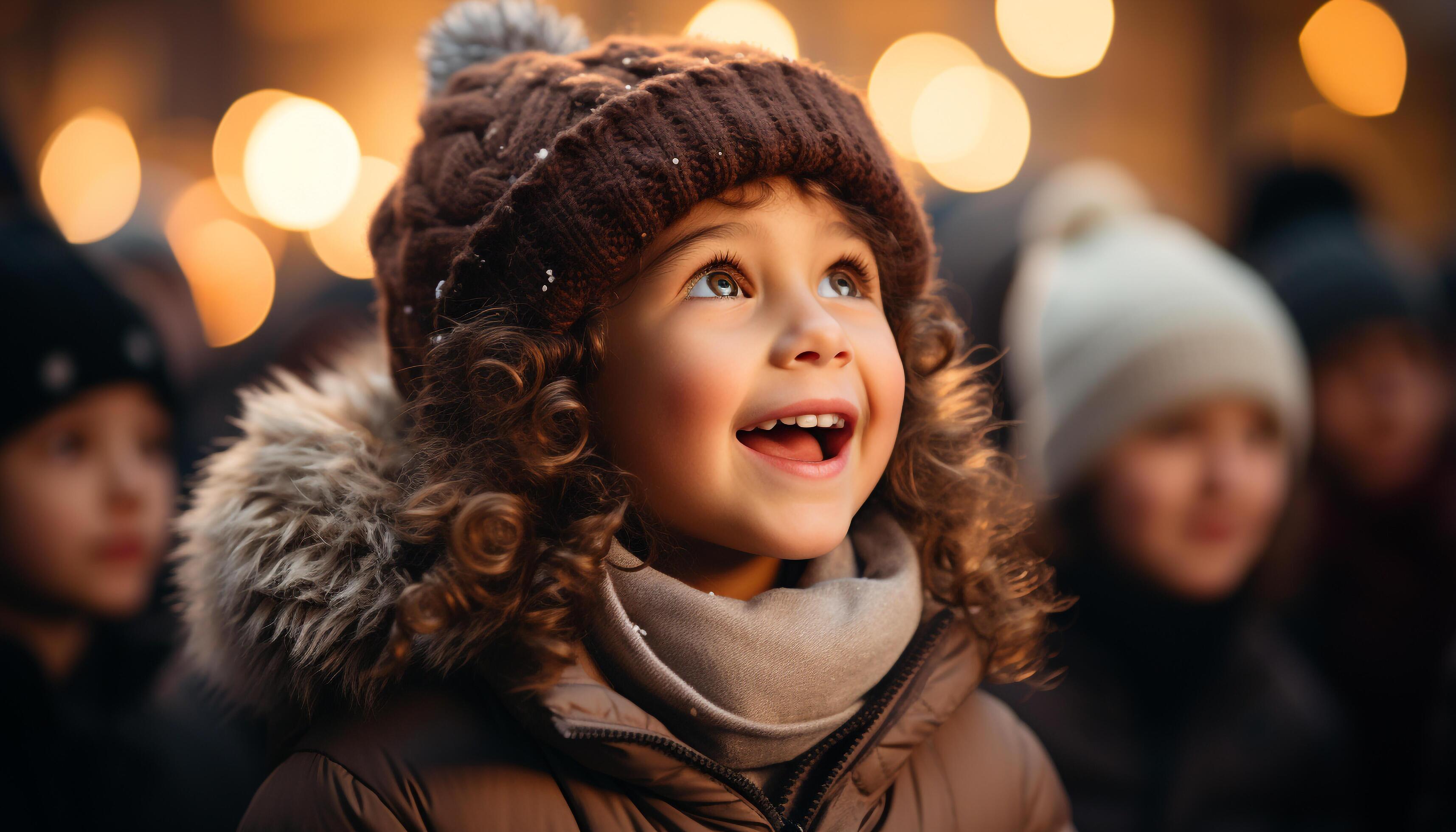 AI generated Smiling child, cheerful family, winter joy, playing outdoors, happiness generated by AI Stock Free