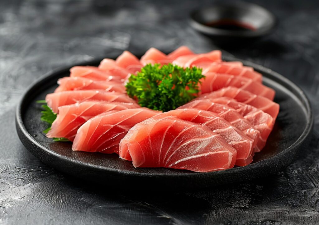 Fresh raw Yellowtail sashimi or Hamachi sashimi serve on black plate generated by AI. Free Photo