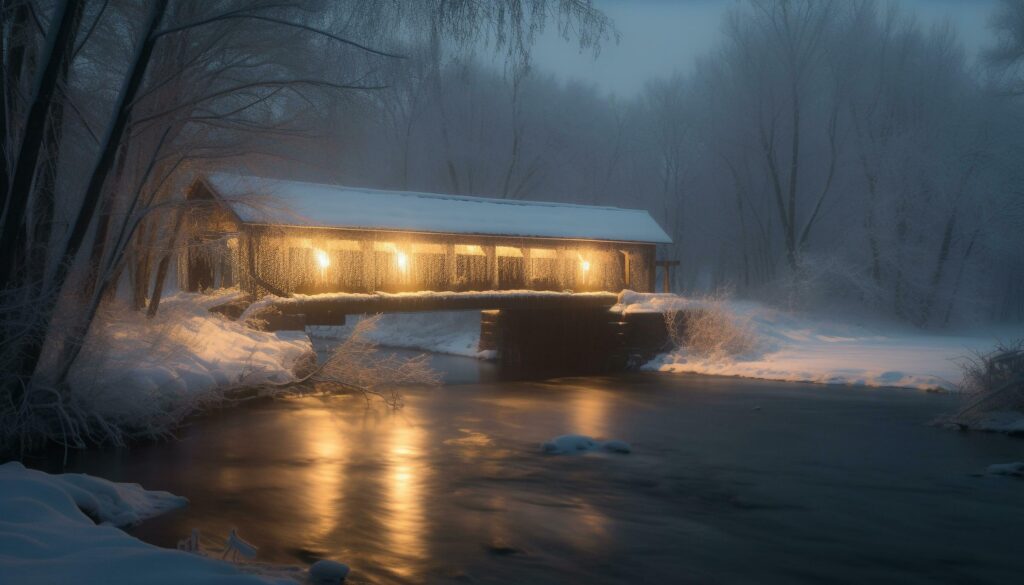 Winter night snowing tranquil scene illuminated cottage generated by AI Stock Free