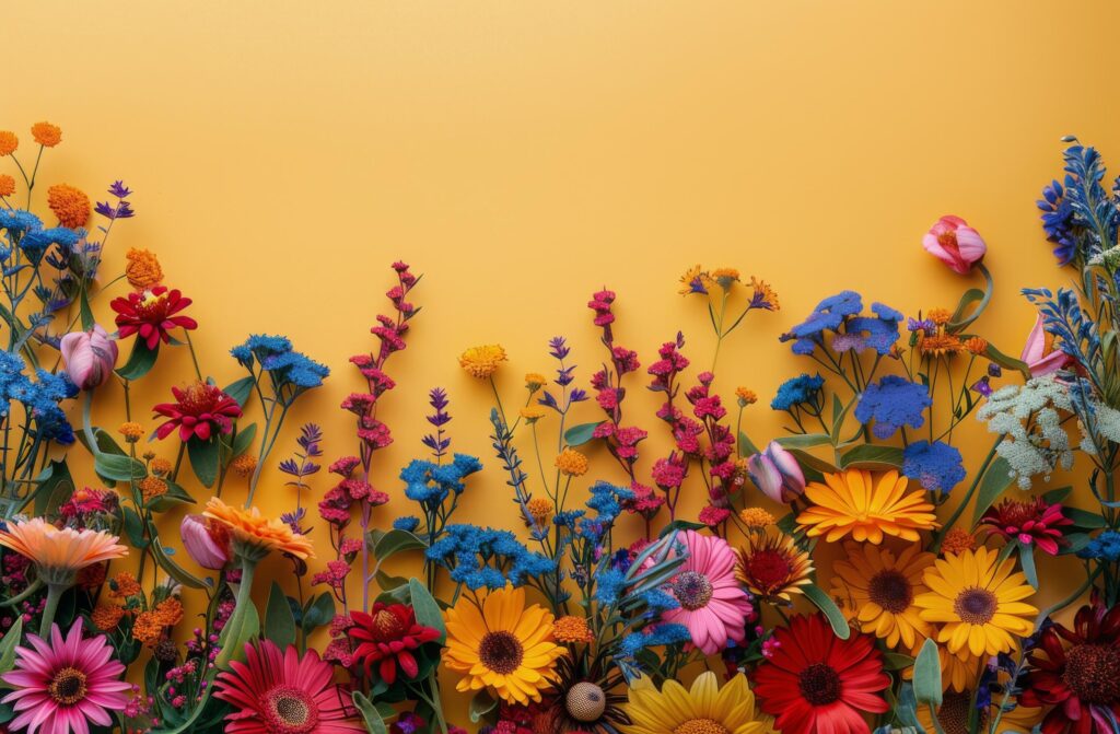 Colorful Flowers Arranged on a Yellow Background Stock Free