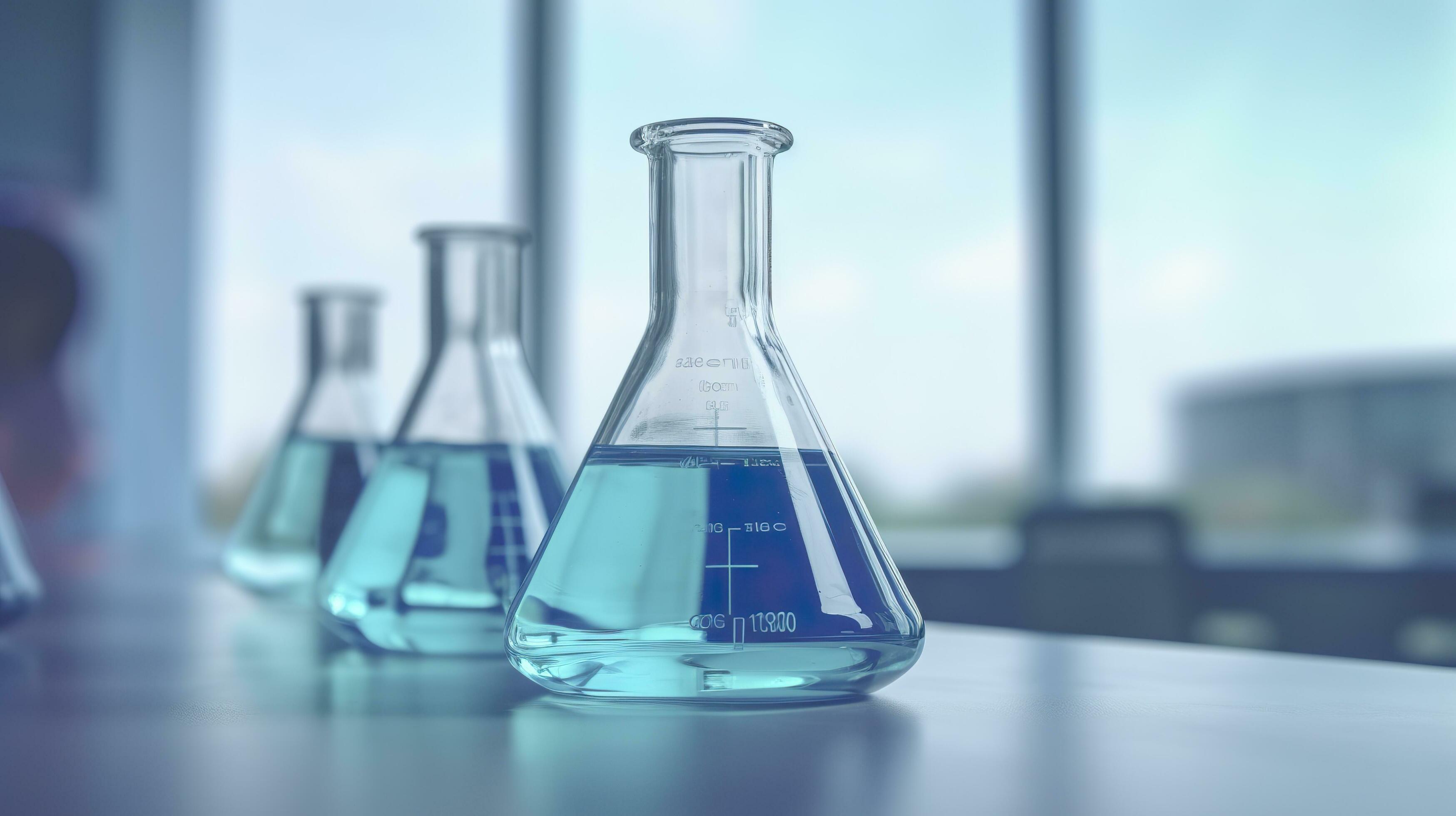 A Science Beaker in the laboratory on a table white and light blue background.. laboratory equipment out of focus. AI Generative Stock Free