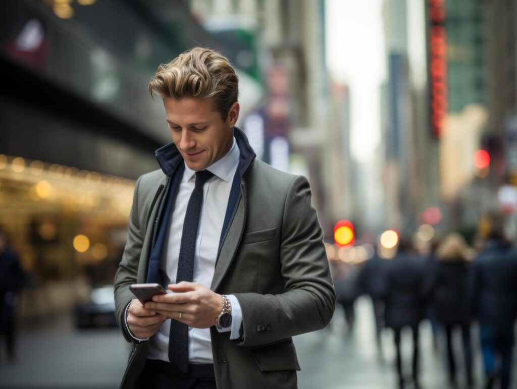 A business executive commuting on a bustling city street, using a smartphone, epitomizing the fastpaced lifestyle of modern professionals Stock Free