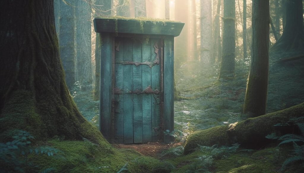 Spooky old door in the forest leads to mystery inside generated by AI Stock Free