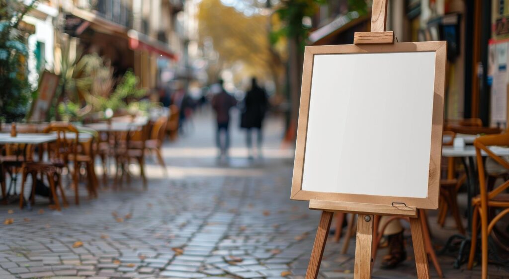 Blank Wooden Signboard Outside a Busy Restaurant in the Afternoon Stock Free