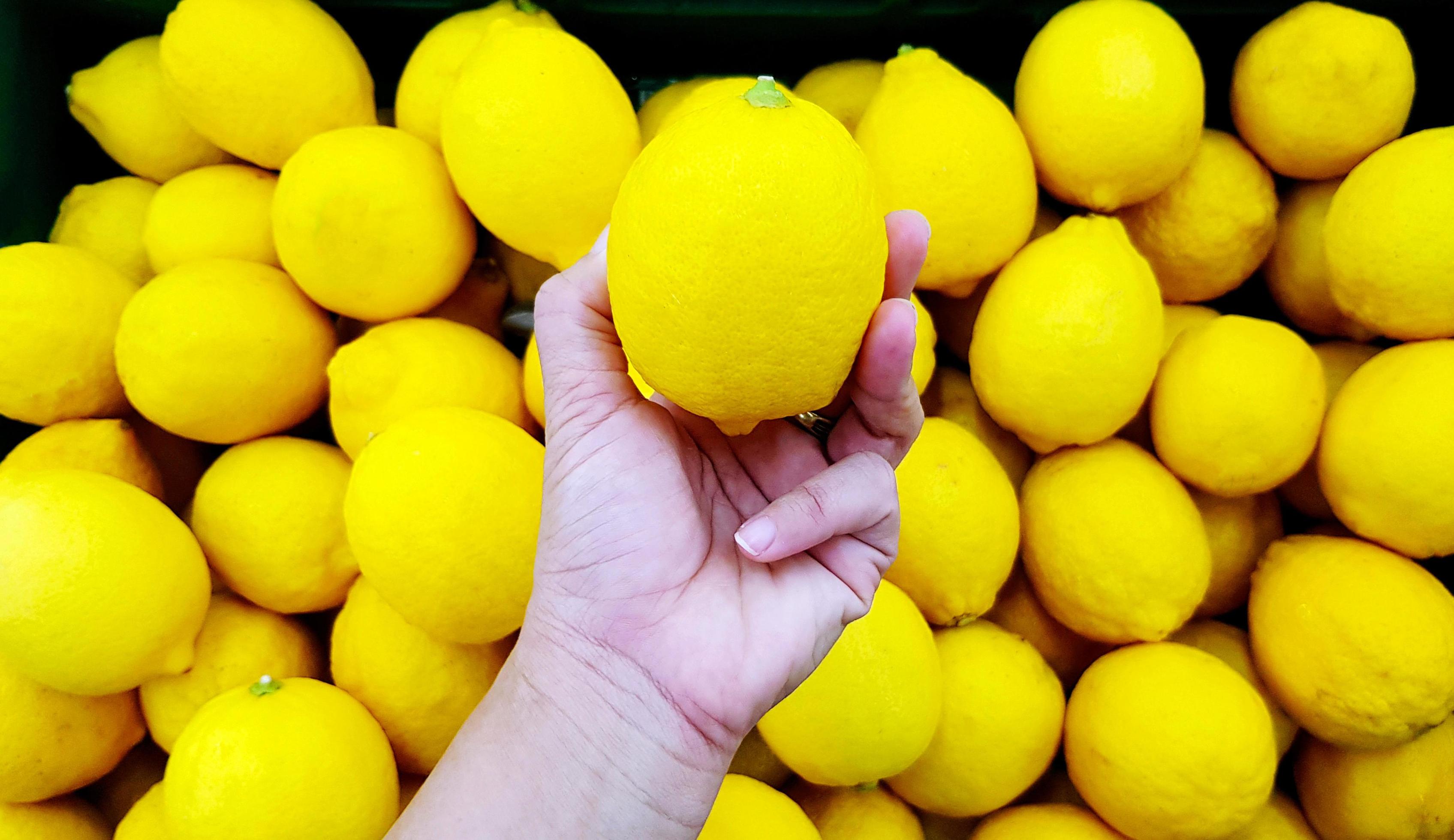 Close up hand of person holding lemon with copy space. Selection and Choice for buy best food, vegetable or fruit at market or supermarket. Stock Free