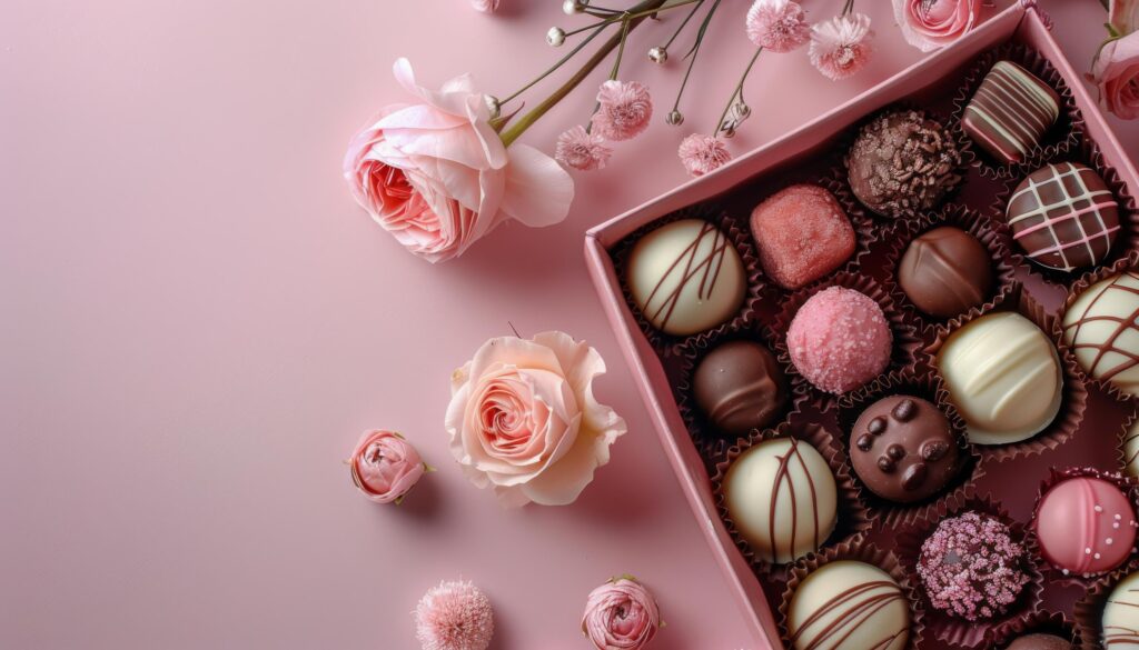 Pink and Brown Chocolate Truffles in a Box With Flowers on Pink Background Stock Free