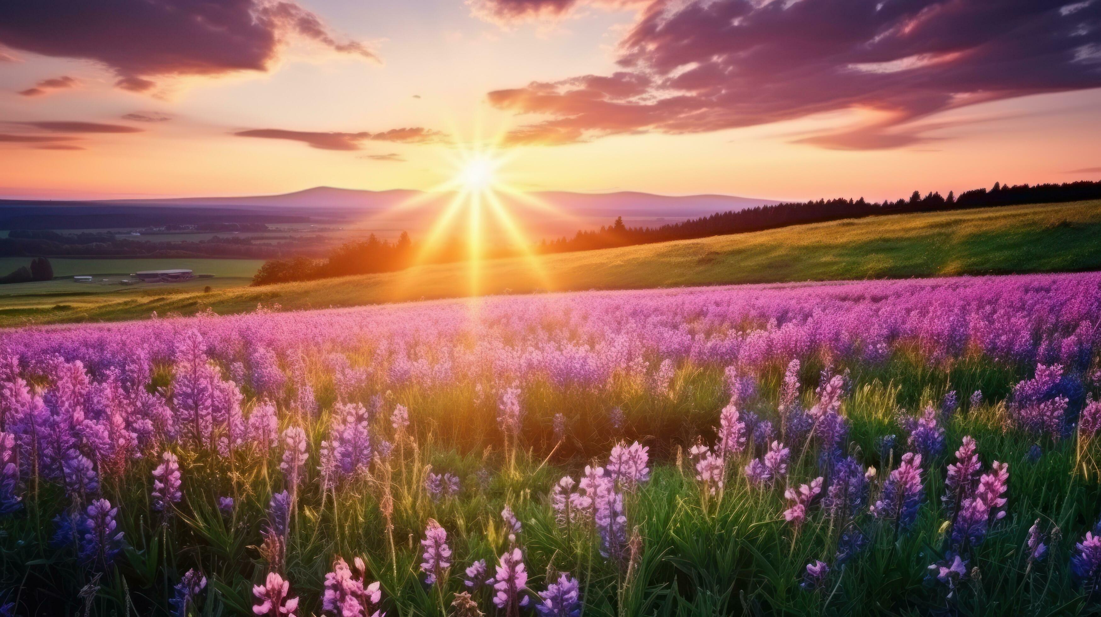 Lavender flowers landscape Stock Free