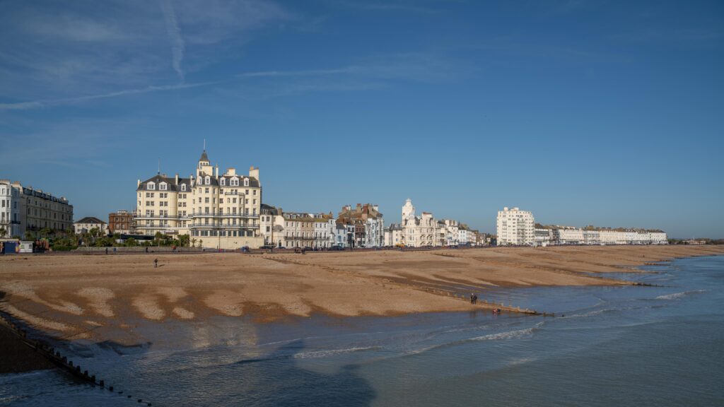 EASTBOURNE, EAST SUSSEX, UK, 2020. View from Eastbourne Pier towards the Queens Hotel in Eastbourne East Sussex on January 18, 2020. Unidentified people Stock Free