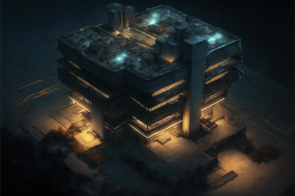 an aerial view of a building lit up at night. . Stock Free