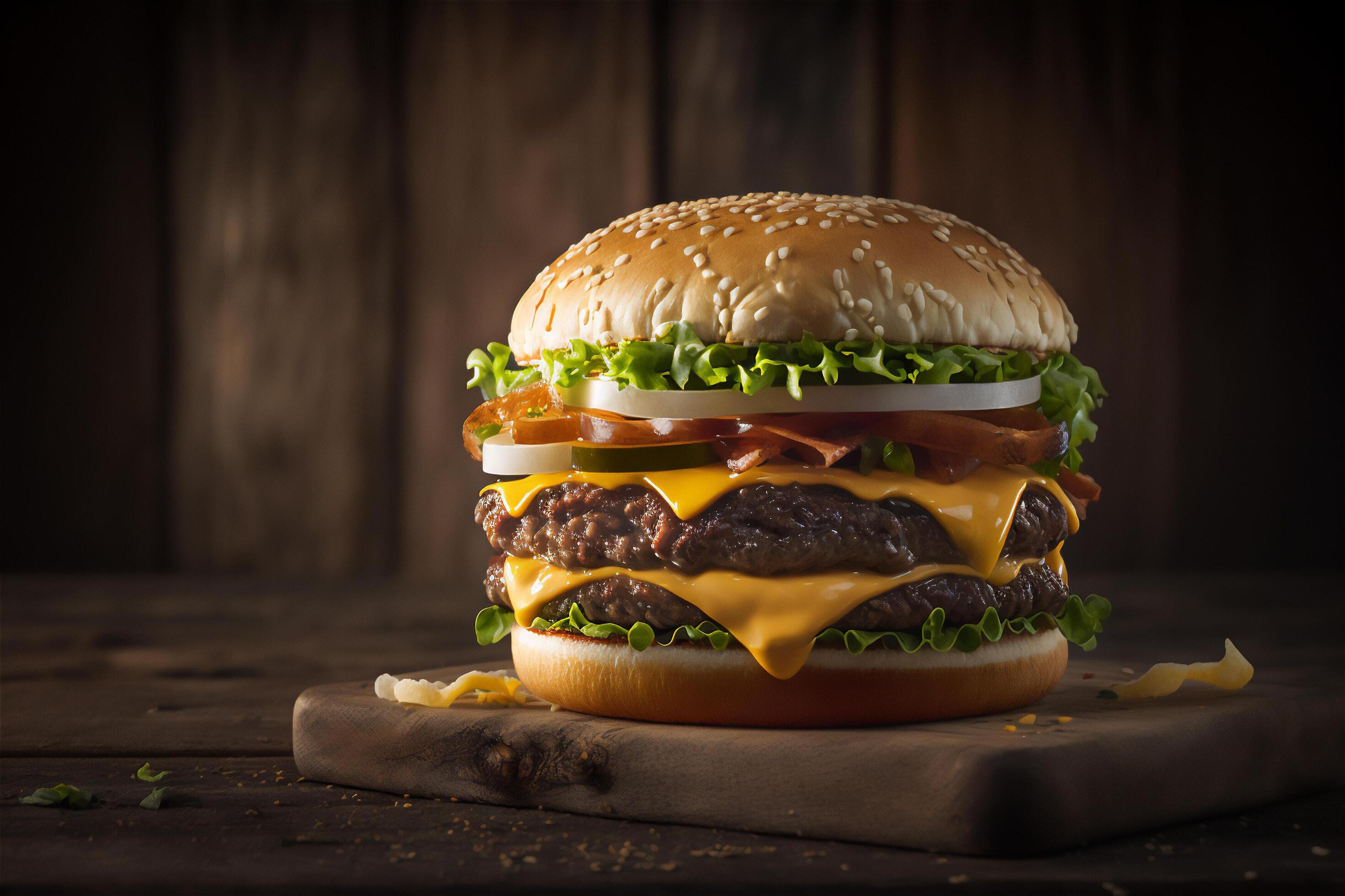 Tasty homemade hamburger on rustic wooden table. Copy space. Advertising. . Fast food snack Stock Free