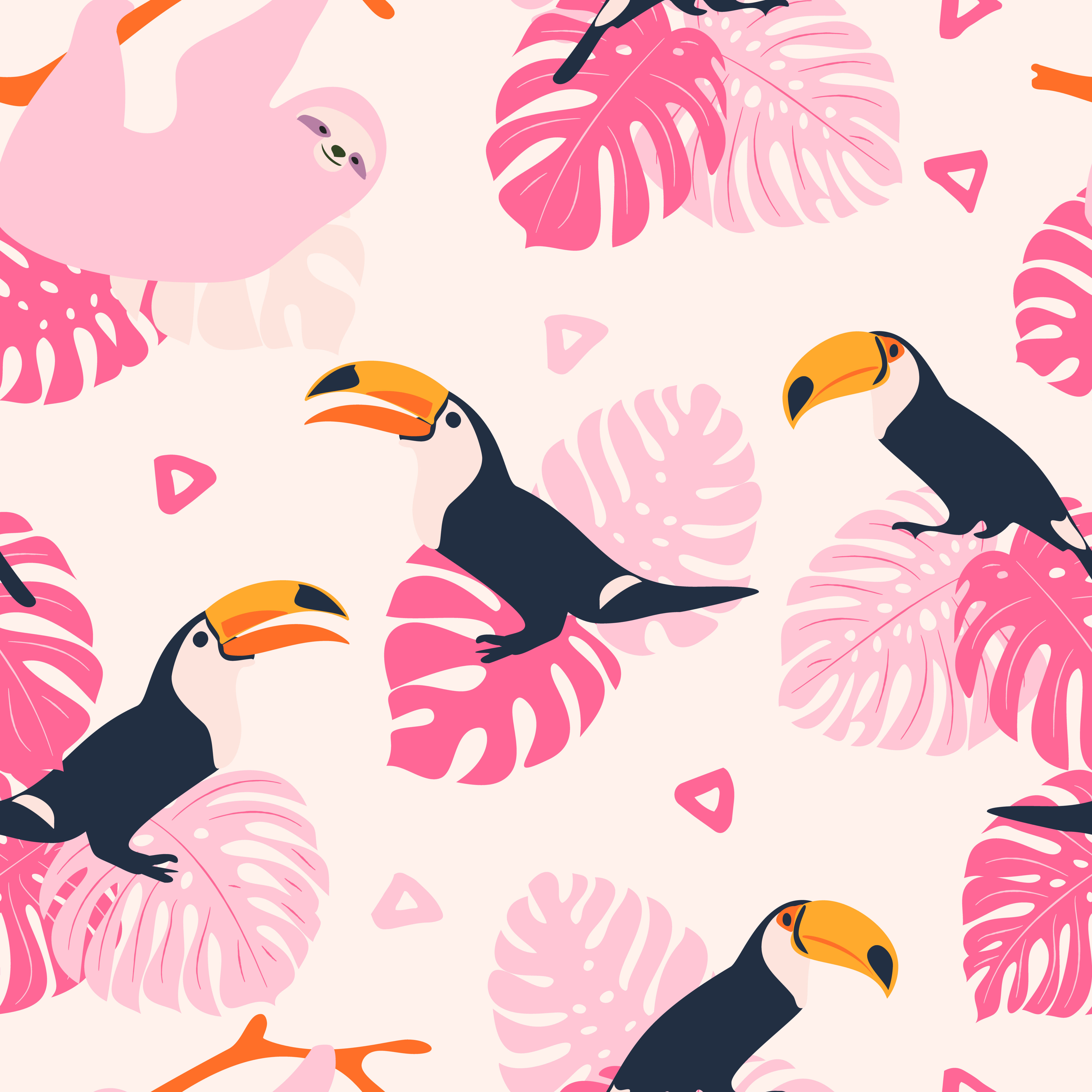 Tropical Pastel Pattern with Toucans and Sloths Pattern Free Vector