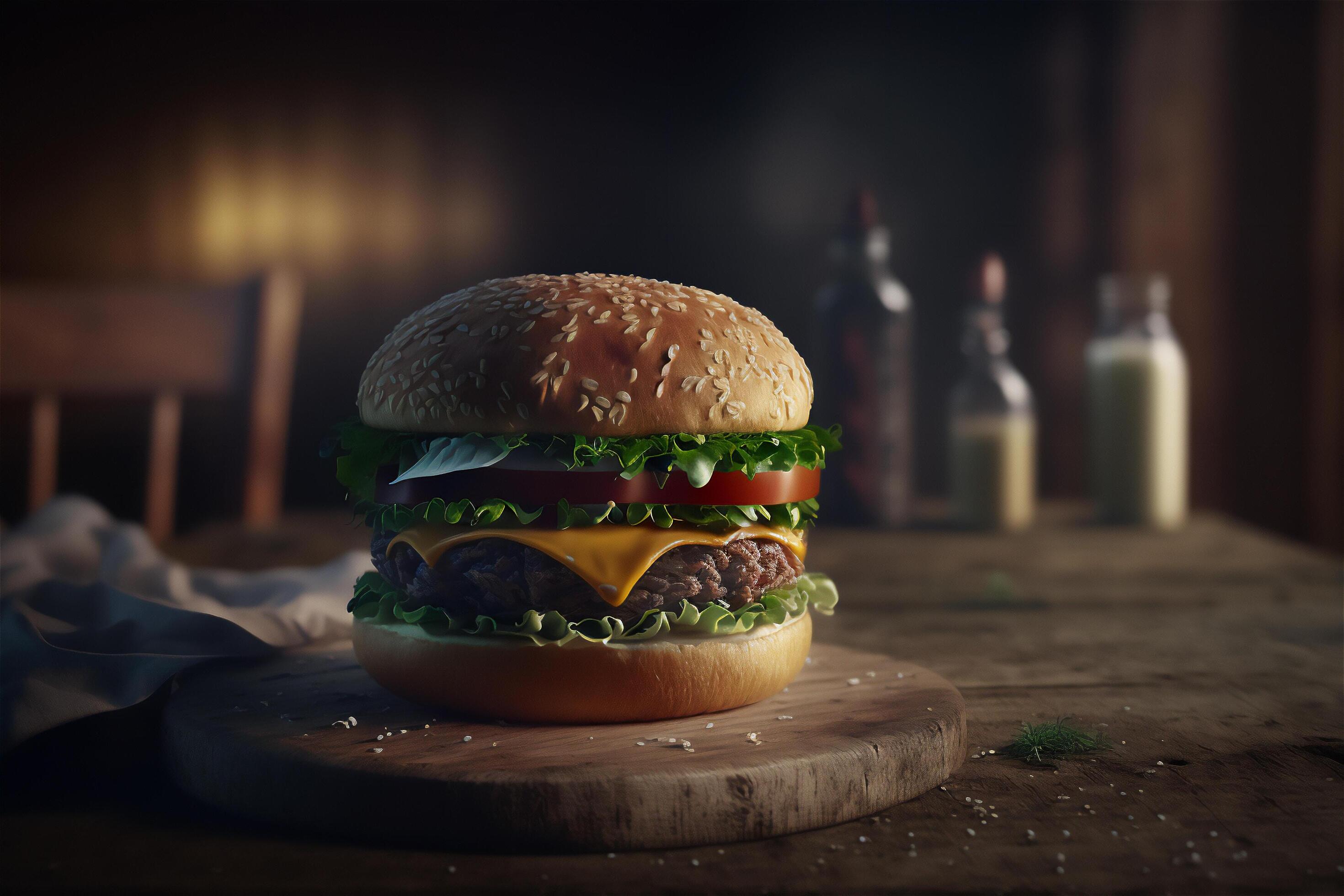 Tasty homemade hamburger on rustic wooden table. Copy space. Advertising. . Fast food snack Stock Free