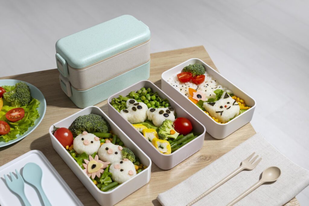 Top view composition food Japanese bento box Stock Free